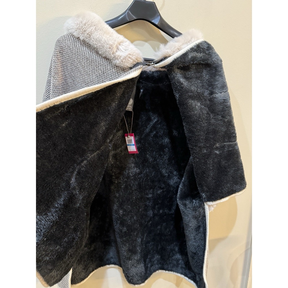 Vince Camuto Faux Fur Trim Poncho Shawl One Size Tweed Fur Lined Cape - Picture 10 of 13